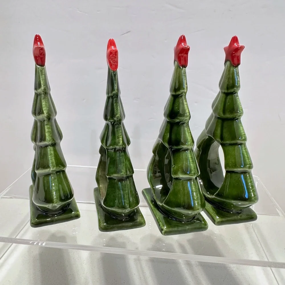 Vintage Hand Painted Ceramic Christmas Tree Napkin Rings Set of 4 Green Red Star